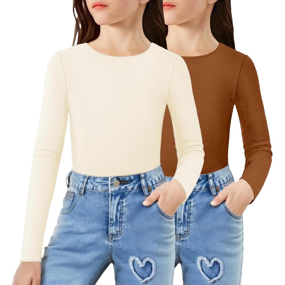 image:imageArshiner 2 Packs Ribbed Knit Long Sleeve Shirts for Girls Soft Slim Fit Crewneck Casual Base Layer Tops TeesBeigeBrown