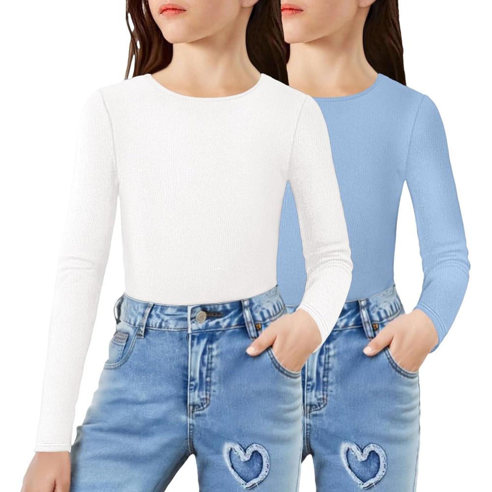 image:imageArshiner 2 Packs Ribbed Knit Long Sleeve Shirts for Girls Soft Slim Fit Crewneck Casual Base Layer Tops TeesWhiteLight Blue
