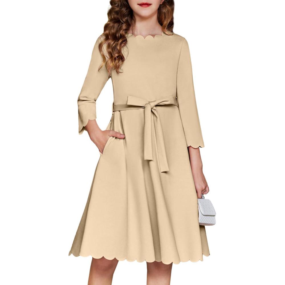 image:imageArshiner Girls Party Dress Scallop Trim Belted ALine Formal Midi Dresses with Pockets for 615YLight Brown