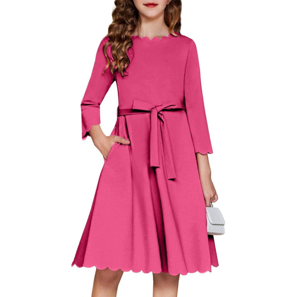 image:imageArshiner Girls Party Dress Scallop Trim Belted ALine Formal Midi Dresses with Pockets for 615YRose Red