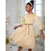 Arshiner Girls Party Dress Scallop Trim Belted A-Line Formal Midi Dresses with Pockets for 6-15Y(Light Brown)