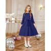 Arshiner Girls Party Dress Scallop Trim Belted A-Line Formal Midi Dresses with Pockets for 6-15Y(Navy Blue)