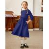 Arshiner Girls Party Dress Scallop Trim Belted A-Line Formal Midi Dresses with Pockets for 6-15Y(Navy Blue)