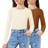 Arshiner 2 Packs Ribbed Knit Long Sleeve Shirts for Girls Soft Slim Fit Crewneck Casual Base Layer Tops Tees(Beige/Brown)