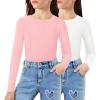 Arshiner 2 Packs Ribbed Knit Long Sleeve Shirts for Girls Soft Slim Fit Crewneck Casual Base Layer Tops Tees(White/Pink)