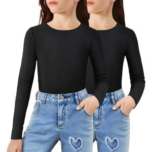 Arshiner 2 Packs Ribbed Knit Long Sleeve Shirts for Girls Soft Slim Fit Crewneck Casual Base Layer Tops Tees(Black 2pcs)