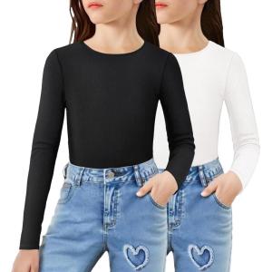 Arshiner 2 Packs Ribbed Knit Long Sleeve Shirts for Girls Soft Slim Fit Crewneck Casual Base Layer Tops Tees(Black/White)