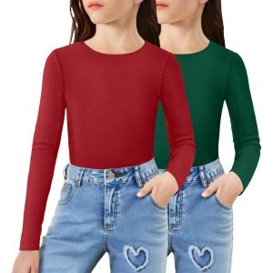 Arshiner 2 Packs Ribbed Knit Long Sleeve Shirts for Girls Soft Slim Fit Crewneck Casual Base Layer Tops Tees(Red/Green)