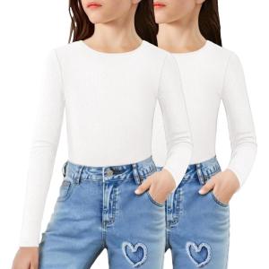 Arshiner 2 Packs Ribbed Knit Long Sleeve Shirts for Girls Soft Slim Fit Crewneck Casual Base Layer Tops Tees(White 2pcs)