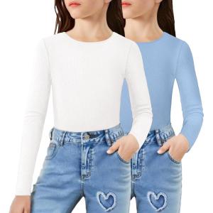 Arshiner 2 Packs Ribbed Knit Long Sleeve Shirts for Girls Soft Slim Fit Crewneck Casual Base Layer Tops Tees(White/Light Blue)