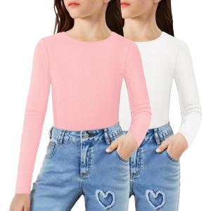 Arshiner 2 Packs Ribbed Knit Long Sleeve Shirts for Girls Soft Slim Fit Crewneck Casual Base Layer Tops Tees(White/Pink)