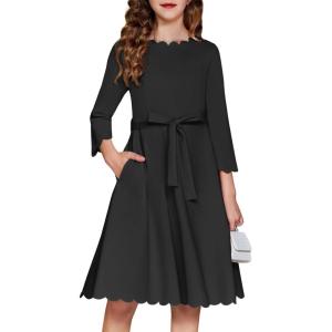 Arshiner Girls Party Dress Scallop Trim Belted A-Line Formal Midi Dresses with Pockets for 6-15Y(Black)