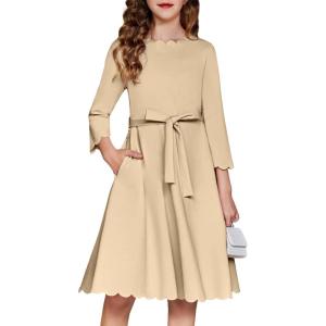 Arshiner Girls Party Dress Scallop Trim Belted A-Line Formal Midi Dresses with Pockets for 6-15Y(Light Brown)