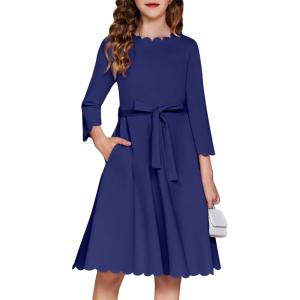 Arshiner Girls Party Dress Scallop Trim Belted A-Line Formal Midi Dresses with Pockets for 6-15Y(Navy Blue)