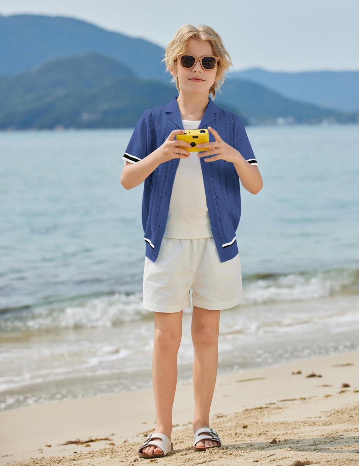 image:imageArshiner Boys Knit Shirts Short Sleeve Button Down Shirt Vintage Fashion Casual Summer Beach Shirts for Kids 413 YearsAzure