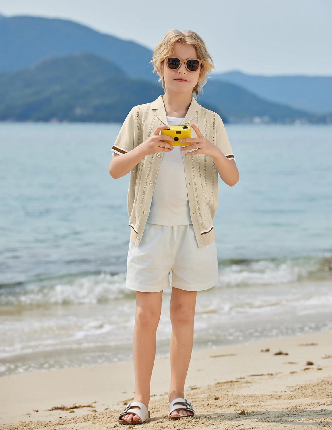 image:imageArshiner Boys Knit Shirts Short Sleeve Button Down Shirt Vintage Fashion Casual Summer Beach Shirts for Kids 413 YearsBeige