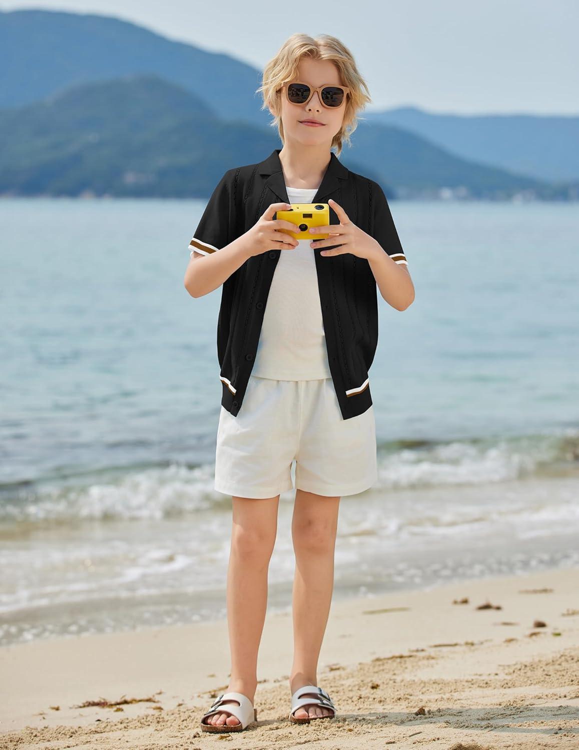 image:imageArshiner Boys Knit Shirts Short Sleeve Button Down Shirt Vintage Fashion Casual Summer Beach Shirts for Kids 413 YearsBlack