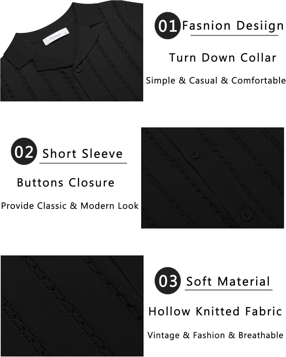 image:imageArshiner Boys Knit Shirts Short Sleeve Button Down Shirt Vintage Fashion Casual Summer Beach Shirts for Kids 413 YearsBlack