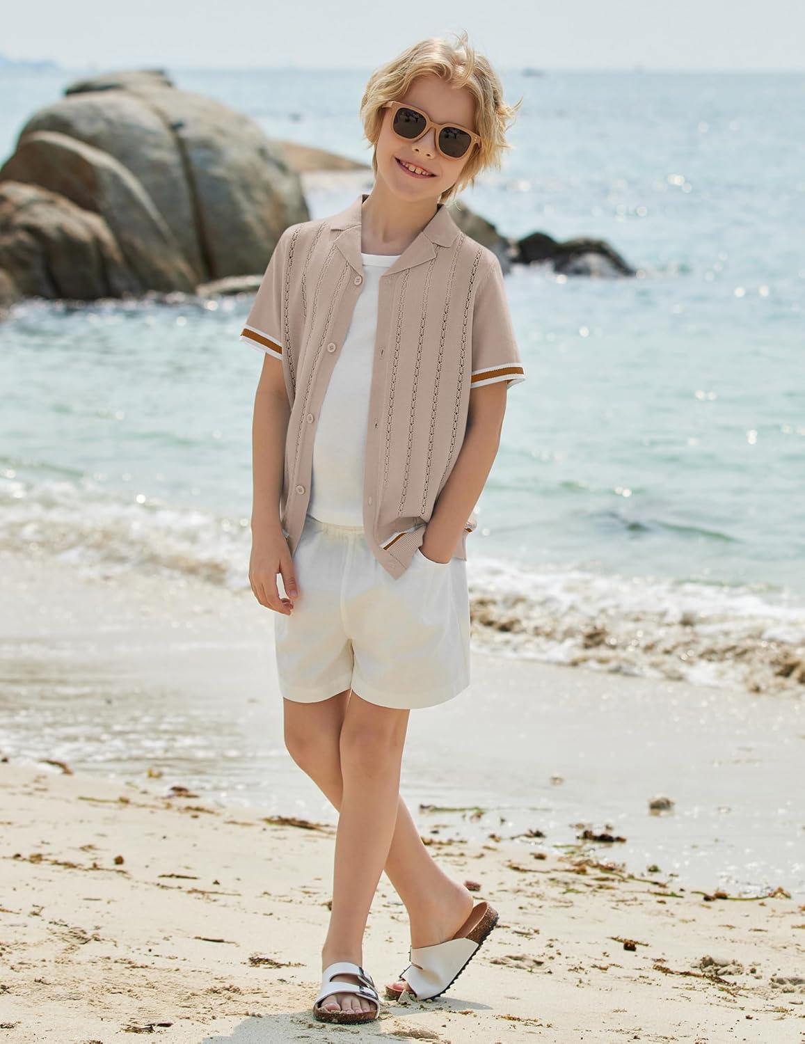 image:imageArshiner Boys Knit Shirts Short Sleeve Button Down Shirt Vintage Fashion Casual Summer Beach Shirts for Kids 413 YearsDark Khaki
