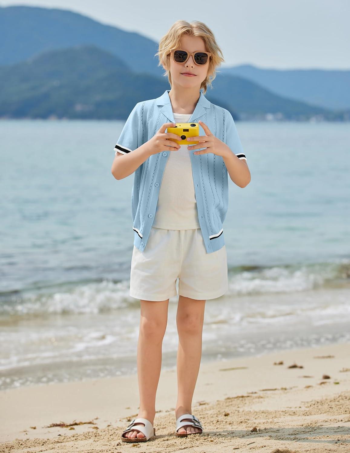image:imageArshiner Boys Knit Shirts Short Sleeve Button Down Shirt Vintage Fashion Casual Summer Beach Shirts for Kids 413 YearsLight Blue