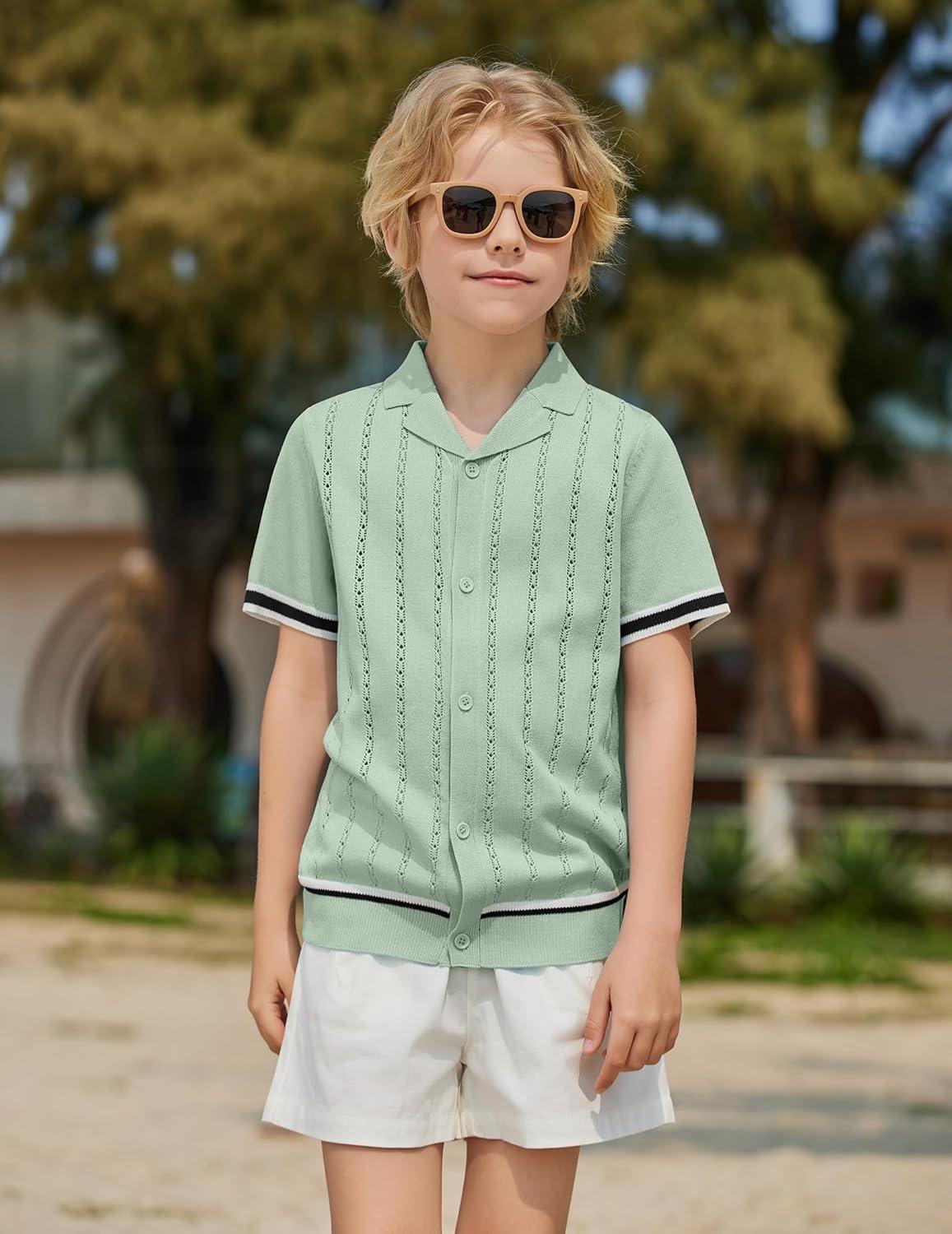 image:imageArshiner Boys Knit Shirts Short Sleeve Button Down Shirt Vintage Fashion Casual Summer Beach Shirts for Kids 413 YearsLight Green