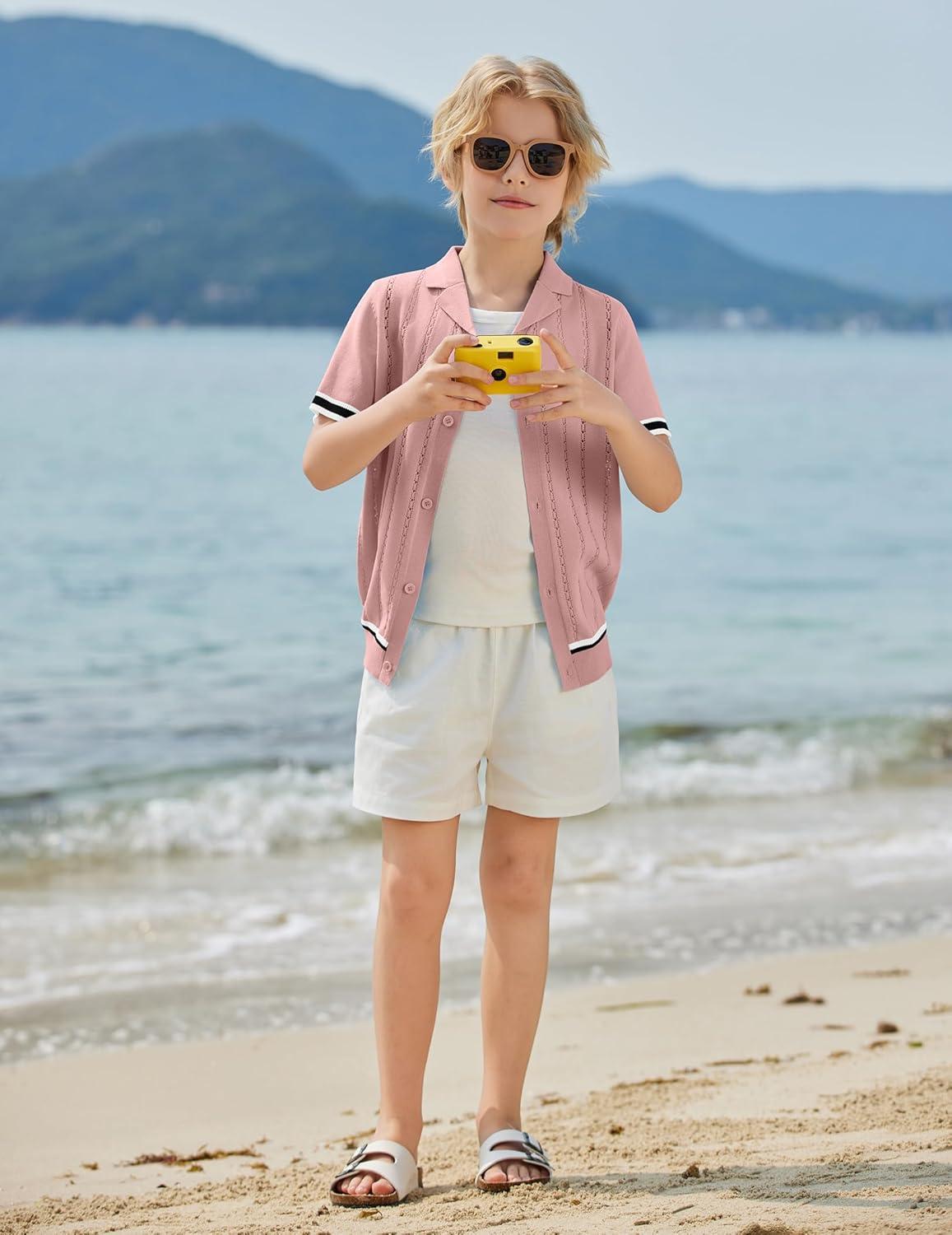 image:imageArshiner Boys Knit Shirts Short Sleeve Button Down Shirt Vintage Fashion Casual Summer Beach Shirts for Kids 413 YearsLight Pink