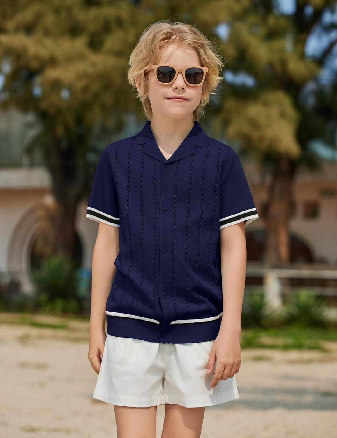 image:imageArshiner Boys Knit Shirts Short Sleeve Button Down Shirt Vintage Fashion Casual Summer Beach Shirts for Kids 413 YearsNavy Blue