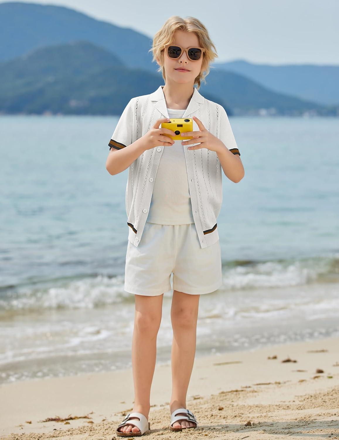 image:imageArshiner Boys Knit Shirts Short Sleeve Button Down Shirt Vintage Fashion Casual Summer Beach Shirts for Kids 413 YearsWhite