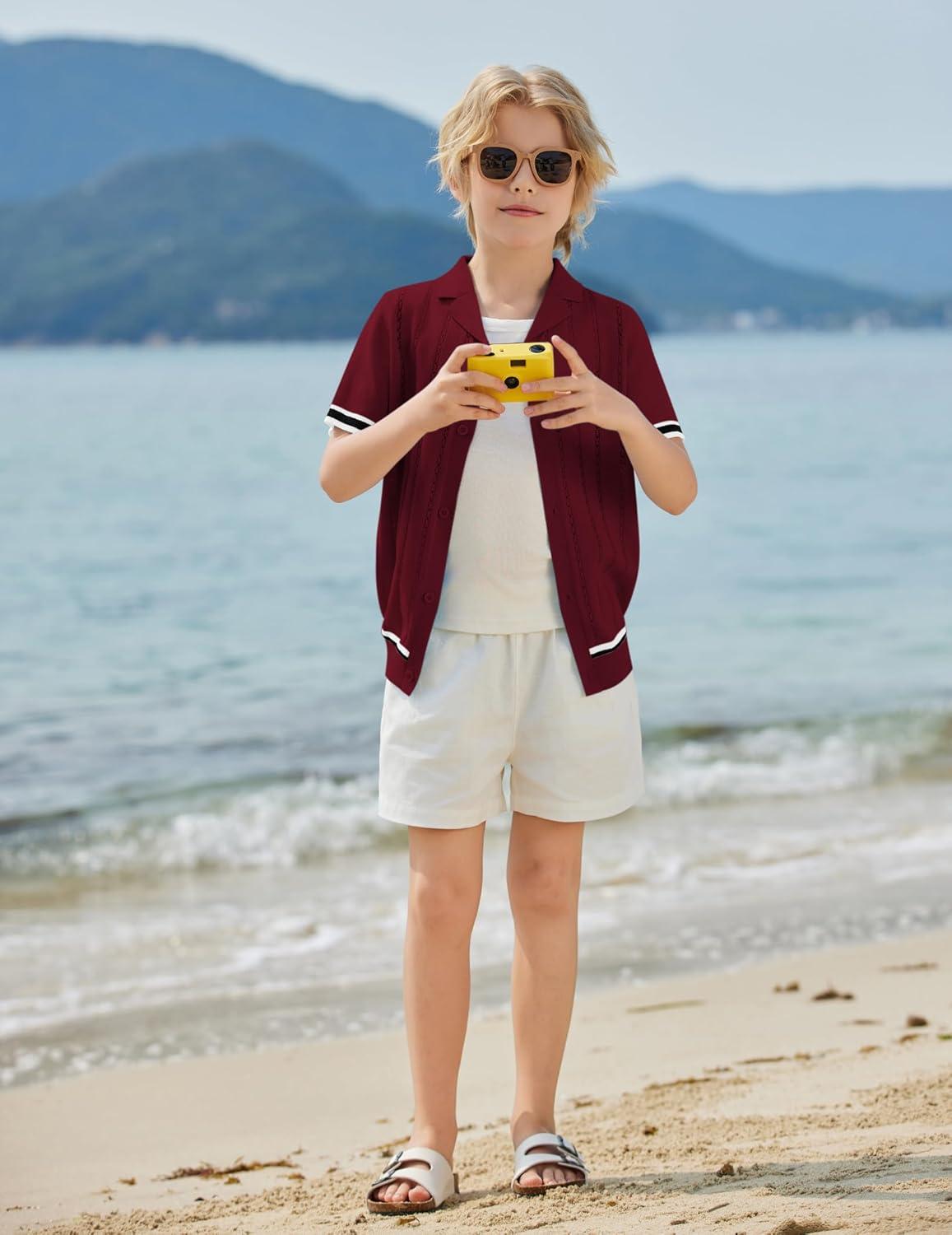 image:imageArshiner Boys Knit Shirts Short Sleeve Button Down Shirt Vintage Fashion Casual Summer Beach Shirts for Kids 413 YearsWine Red