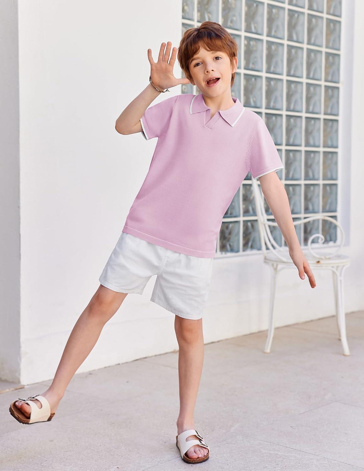 image:imageArshiner Boys Polo Shirts Short Sleeve Vintage Knit Golf Shirts School Uniform Shirt Kids Casual Tee Tops for 414 YearsLight Pink