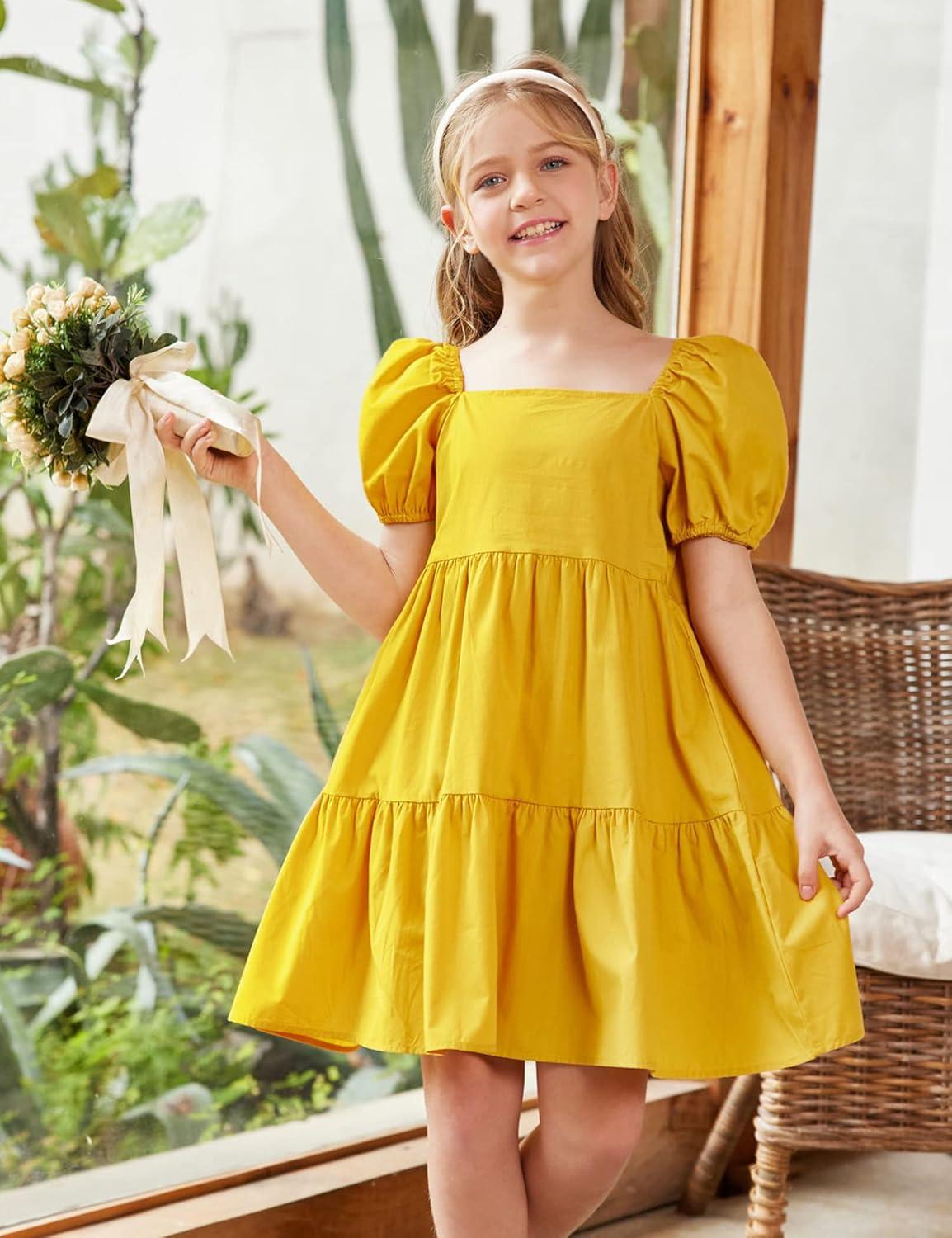 image:imageArshiner Girls Dress Puff Sleeve ALine Classic Elegant Beach Ruffled Loose Tiered Ruffle Casual Dresses Square NeckYellow