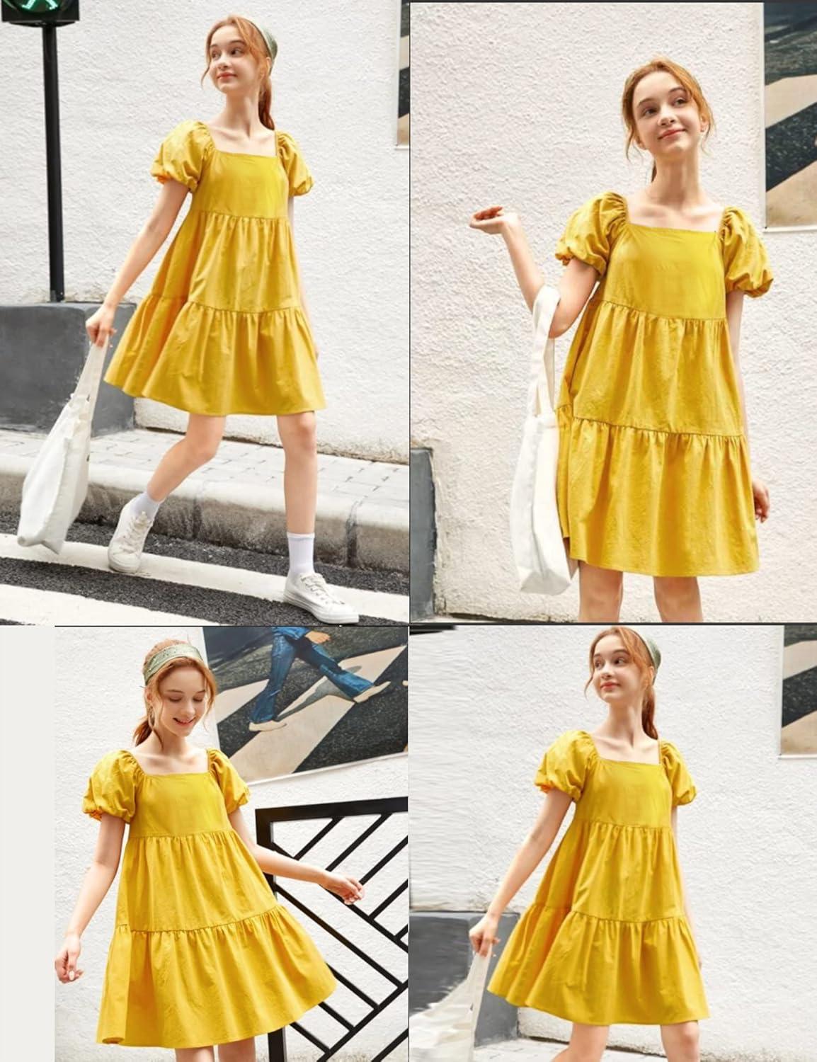 image:imageArshiner Girls Dress Puff Sleeve ALine Classic Elegant Beach Ruffled Loose Tiered Ruffle Casual Dresses Square NeckYellow