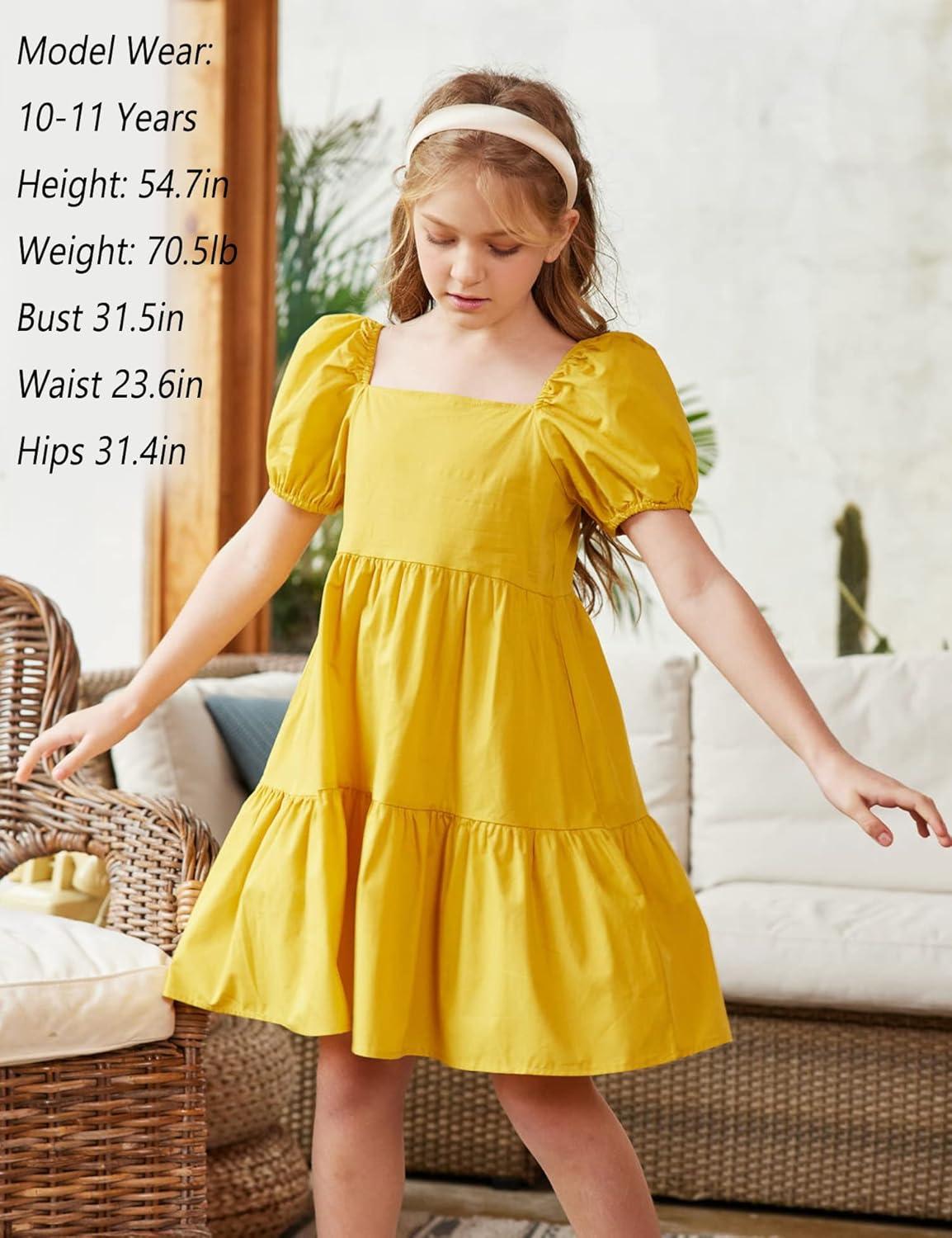 image:imageArshiner Girls Dress Puff Sleeve ALine Classic Elegant Beach Ruffled Loose Tiered Ruffle Casual Dresses Square NeckYellow