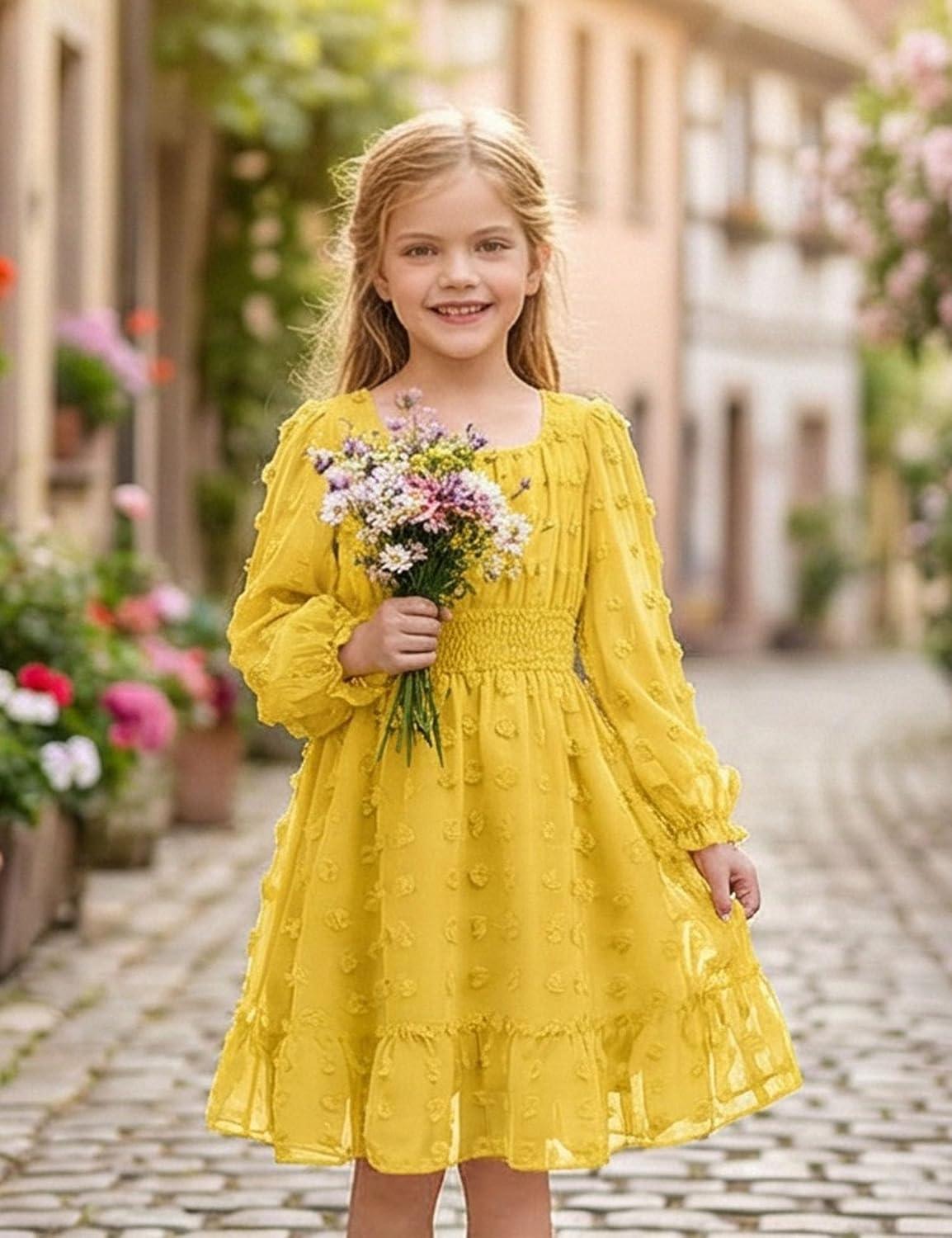 image:imageArshiner Girls Dresses Long Sleeve Square Neck Swiss Dot Flowy Casual Party DressYellow