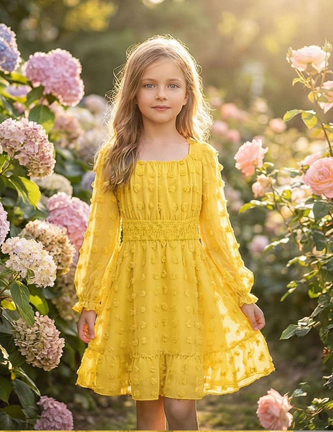 image:imageArshiner Girls Dresses Long Sleeve Square Neck Swiss Dot Flowy Casual Party DressYellow