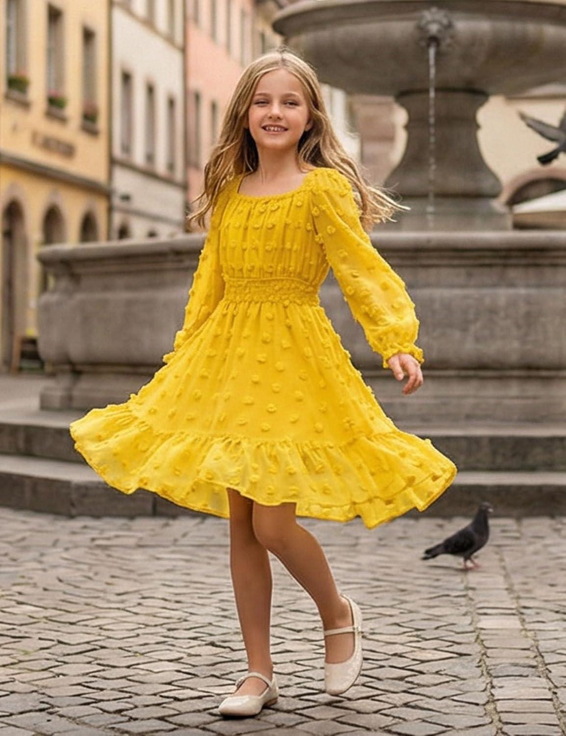 image:imageArshiner Girls Dresses Long Sleeve Square Neck Swiss Dot Flowy Casual Party DressYellow