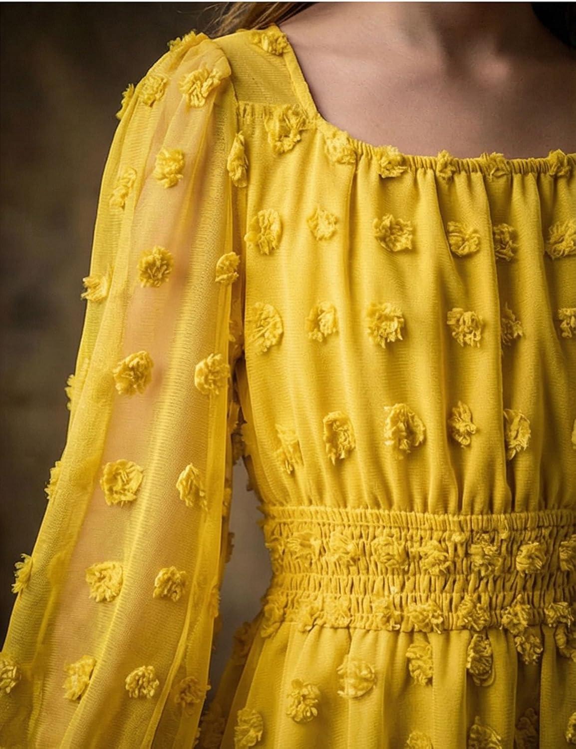 image:imageArshiner Girls Dresses Long Sleeve Square Neck Swiss Dot Flowy Casual Party DressYellow