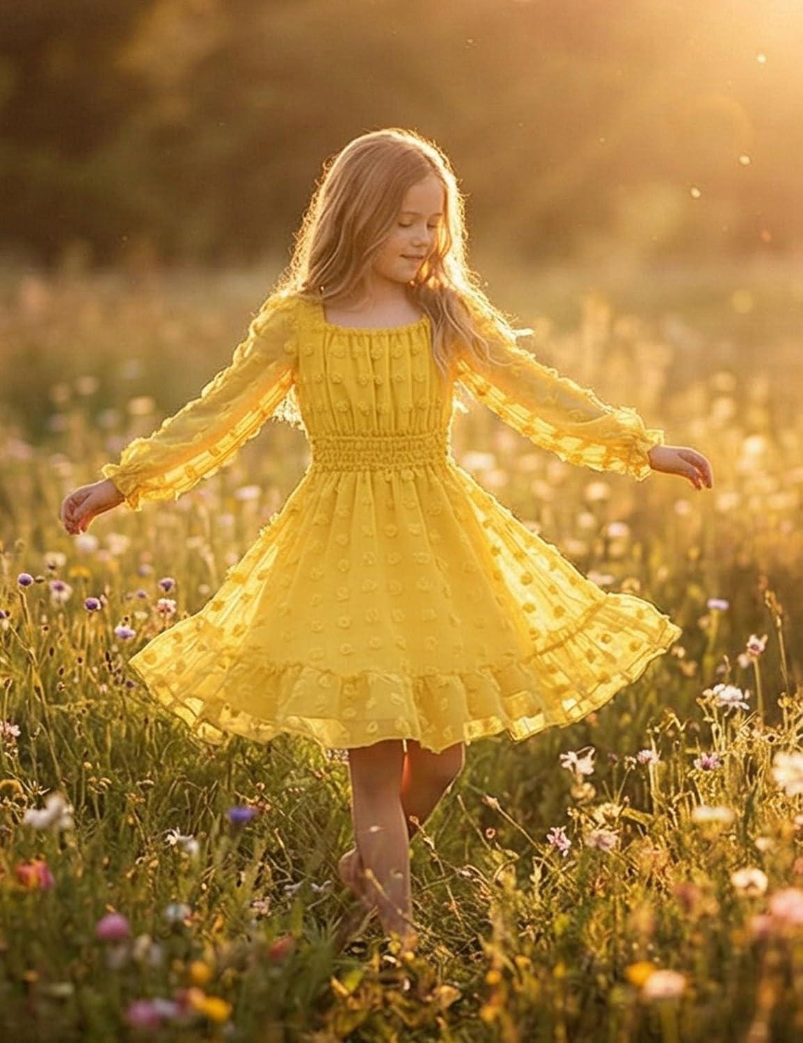 image:imageArshiner Girls Dresses Long Sleeve Square Neck Swiss Dot Flowy Casual Party DressYellow