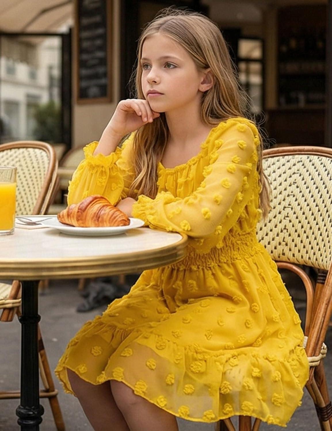 image:imageArshiner Girls Dresses Long Sleeve Square Neck Swiss Dot Flowy Casual Party DressYellow