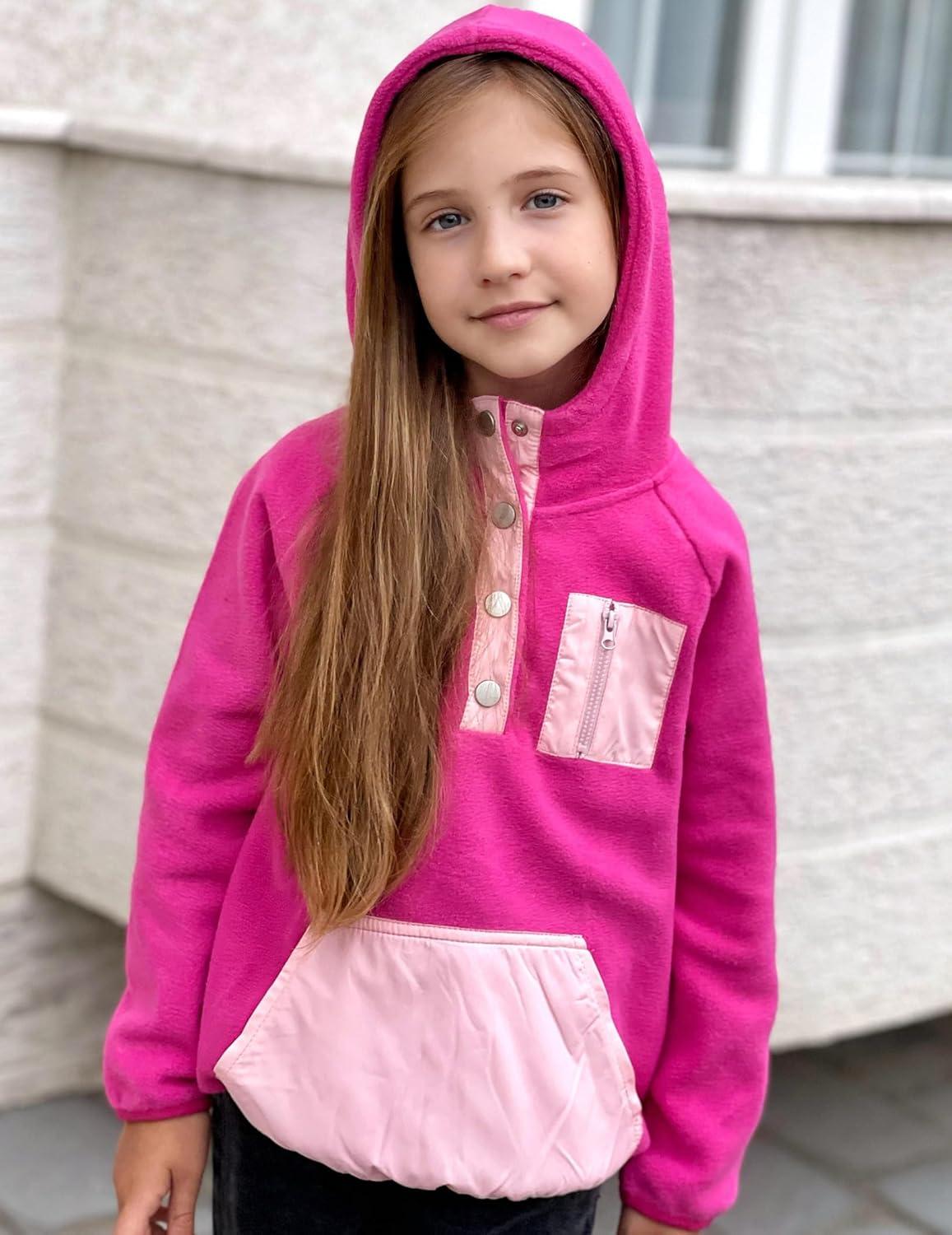 image:imageArshiner Girls Fleece Pullover Hooded Sweatshirt Colorblock Sherpa Hoodie for Teen Girl Winter Button Jacket Coat with PocketDeep Pink