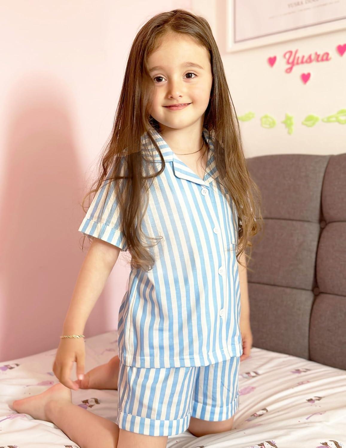 image:imageArshiner Girls Pajamas Summer Outfit Kids Shorts Sets Button Down Loungewear PjsLight Blue Stripes