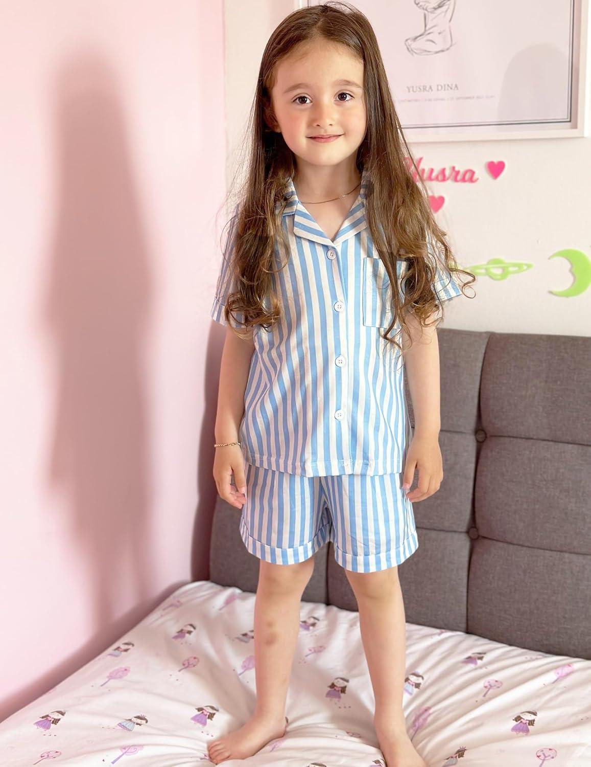 image:imageArshiner Girls Pajamas Summer Outfit Kids Shorts Sets Button Down Loungewear PjsLight Blue Stripes