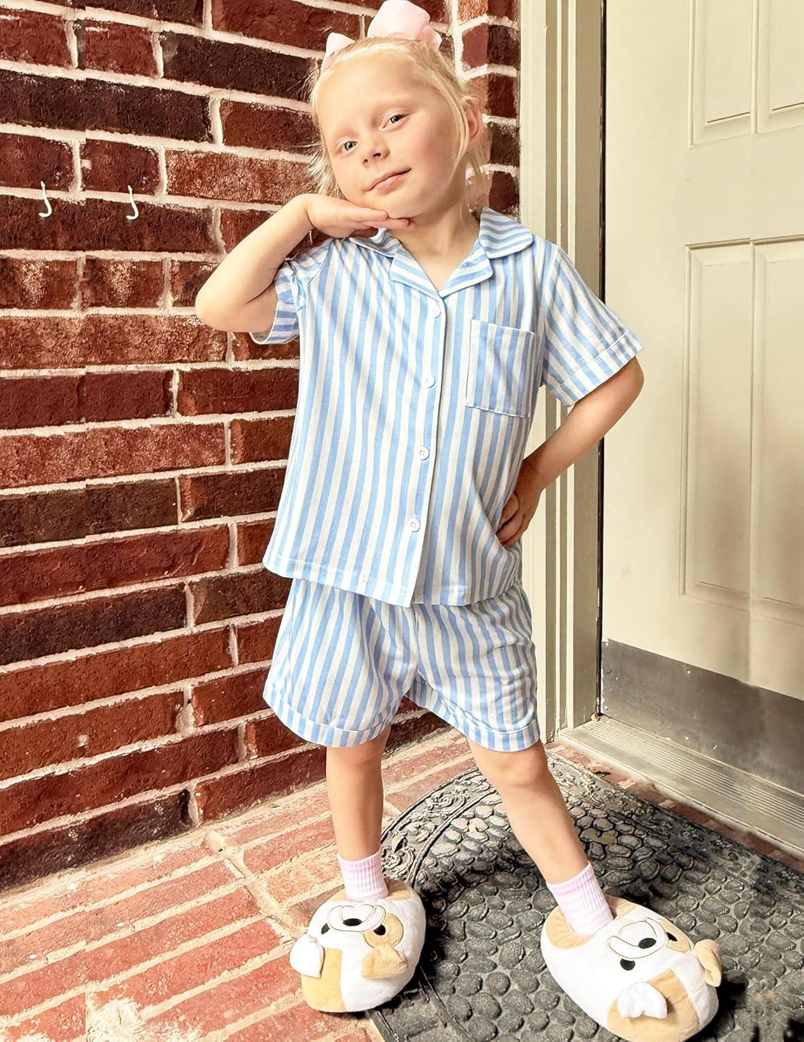 image:imageArshiner Girls Pajamas Summer Outfit Kids Shorts Sets Button Down Loungewear PjsLight Blue Stripes