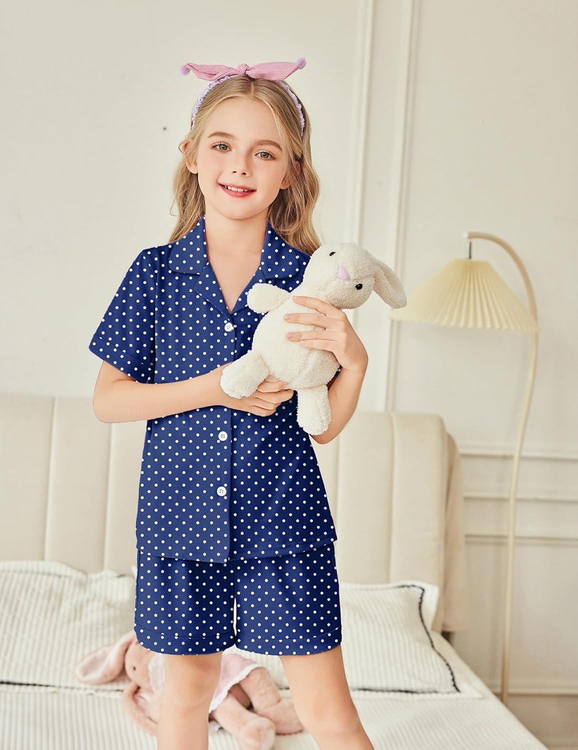 image:imageArshiner Girls Pajamas Summer Outfit Kids Shorts Sets Button Down Loungewear PjsNavy Polka Dots