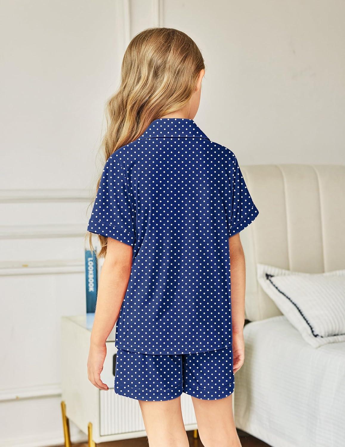 image:imageArshiner Girls Pajamas Summer Outfit Kids Shorts Sets Button Down Loungewear PjsNavy Polka Dots