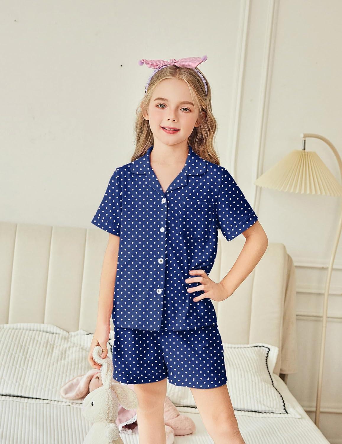 image:imageArshiner Girls Pajamas Summer Outfit Kids Shorts Sets Button Down Loungewear PjsNavy Polka Dots