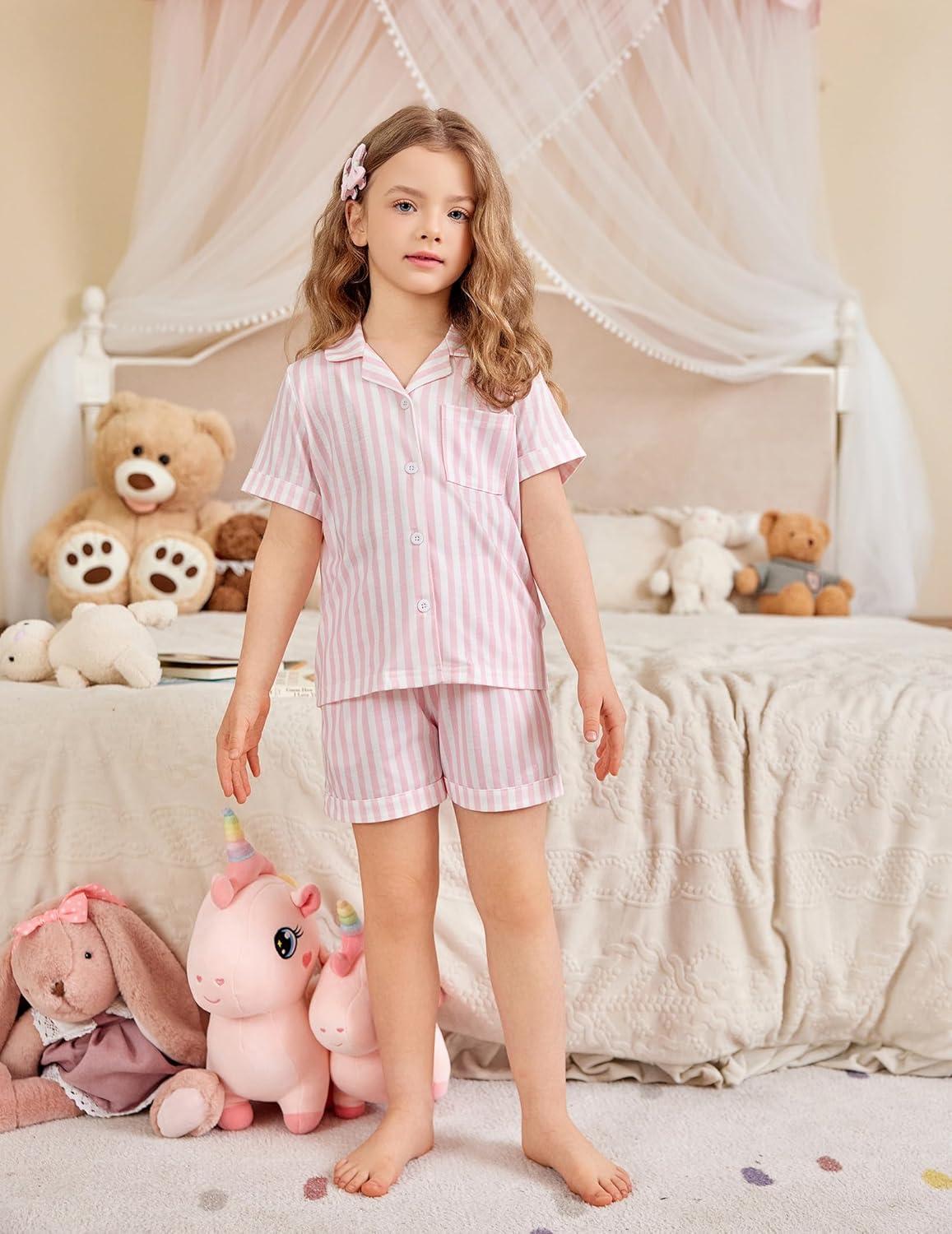 image:imageArshiner Girls Pajamas Summer Outfit Kids Shorts Sets Button Down Loungewear PjsPink Stripes