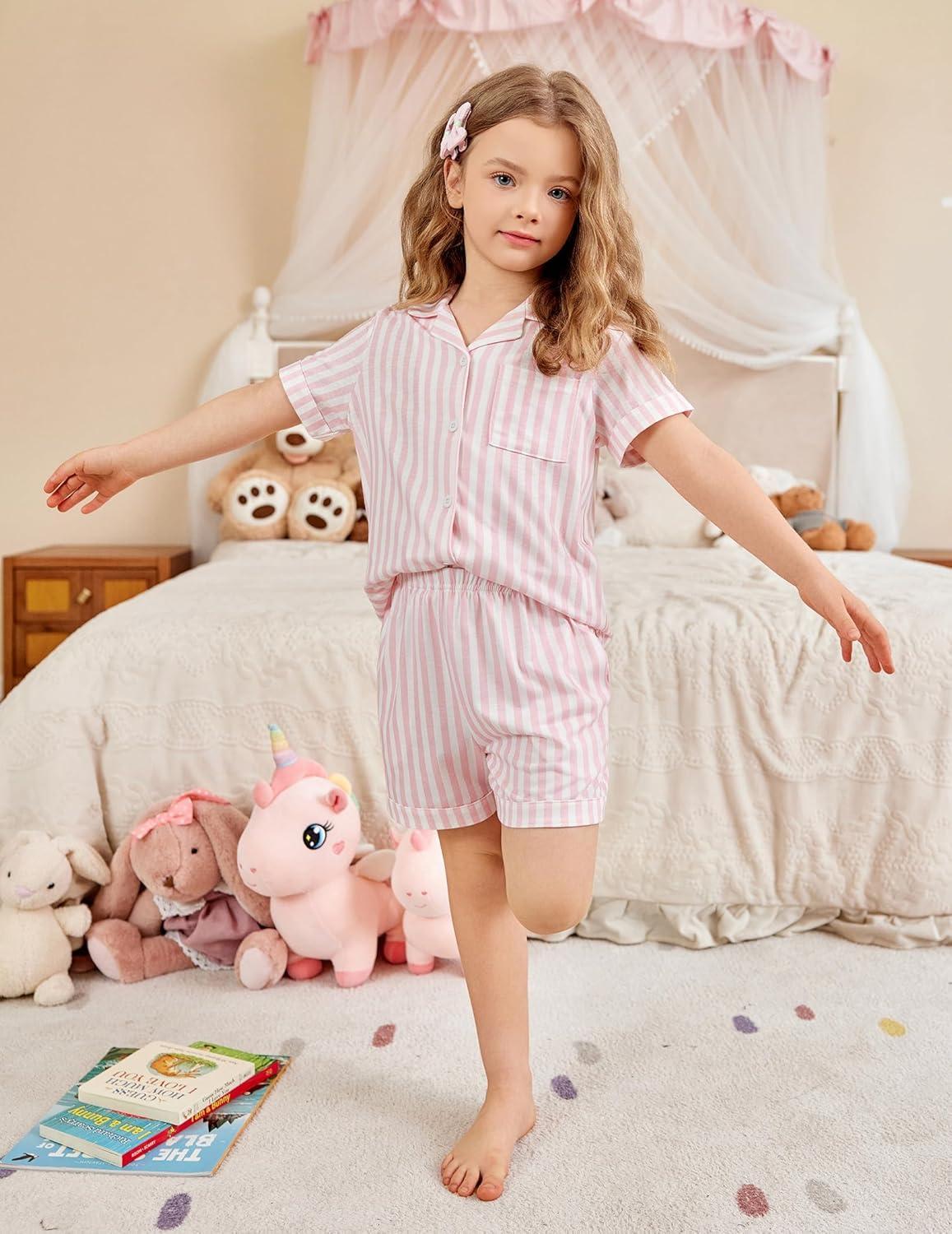 image:imageArshiner Girls Pajamas Summer Outfit Kids Shorts Sets Button Down Loungewear PjsPink Stripes