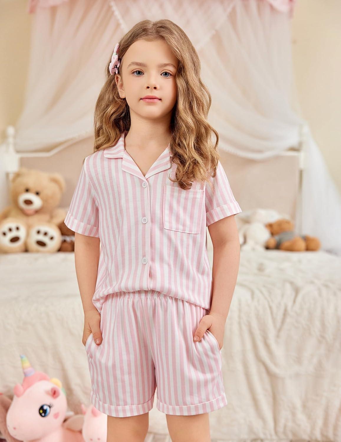 image:imageArshiner Girls Pajamas Summer Outfit Kids Shorts Sets Button Down Loungewear PjsPink Stripes