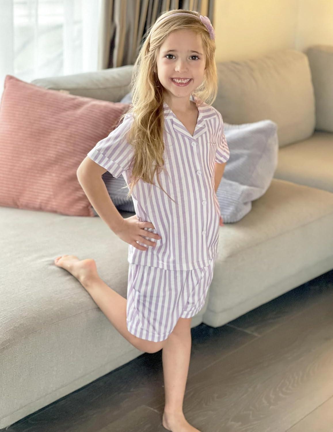 image:imageArshiner Girls Pajamas Summer Outfit Kids Shorts Sets Button Down Loungewear PjsPurple Stripes